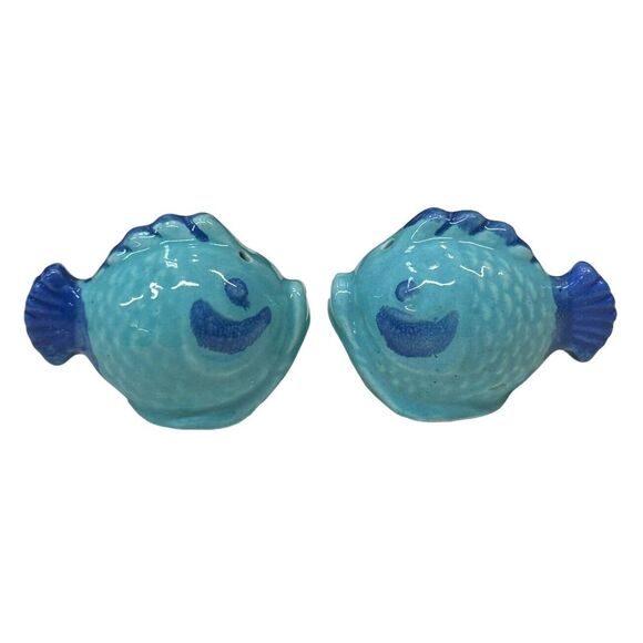 Fish Salt & Pepper Shaker Set Hand Painted VTG Japan Ceramic Cobalt‎ Aqua Blue - Picture 1 of 9